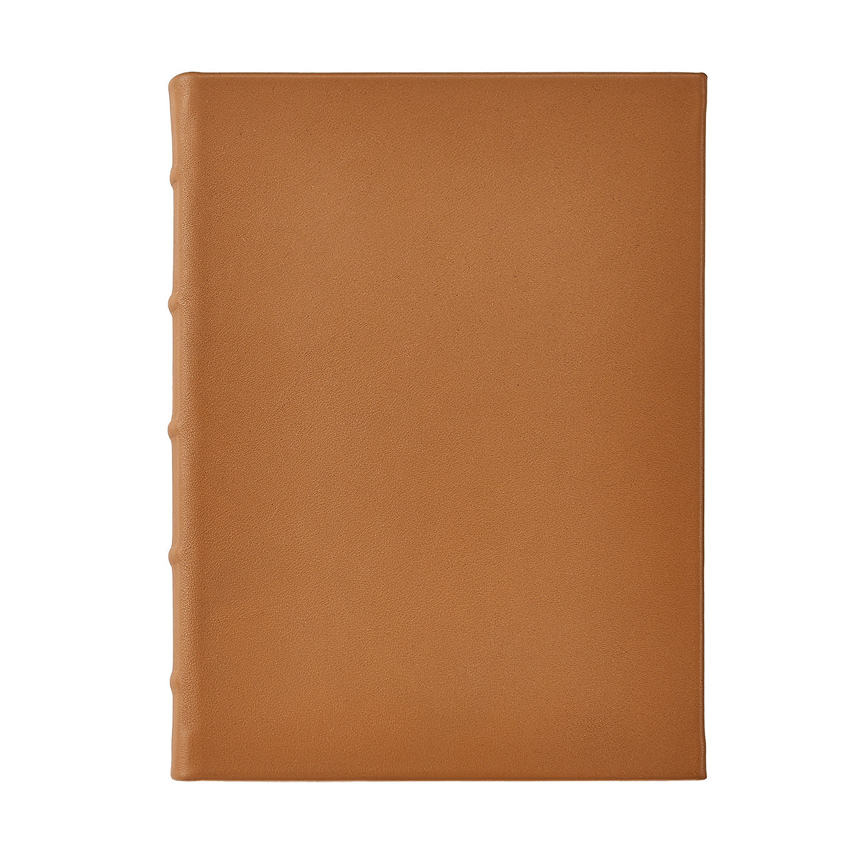 Front view of 9-inch hardcover journal in traditional British tan full-grain leather showing smooth cover and raised spine bands on white background