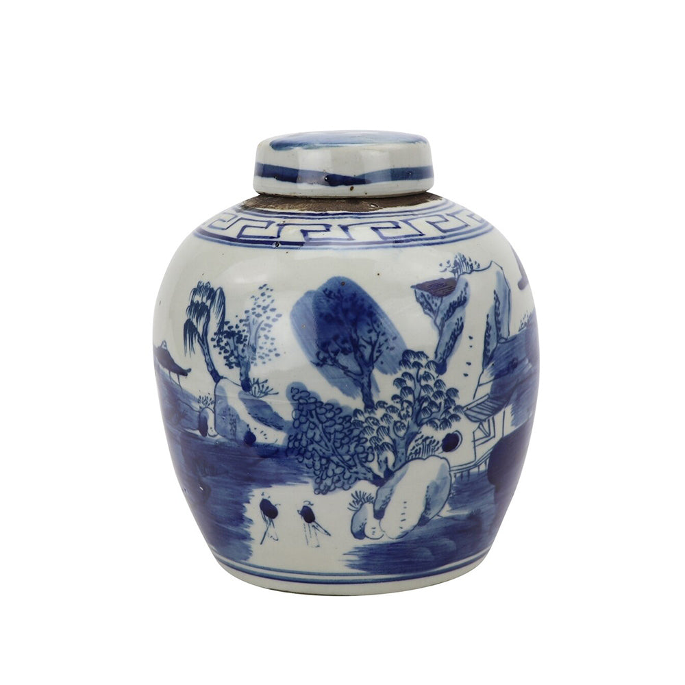 Blue and White Mini Jar with a Mountain and Tree