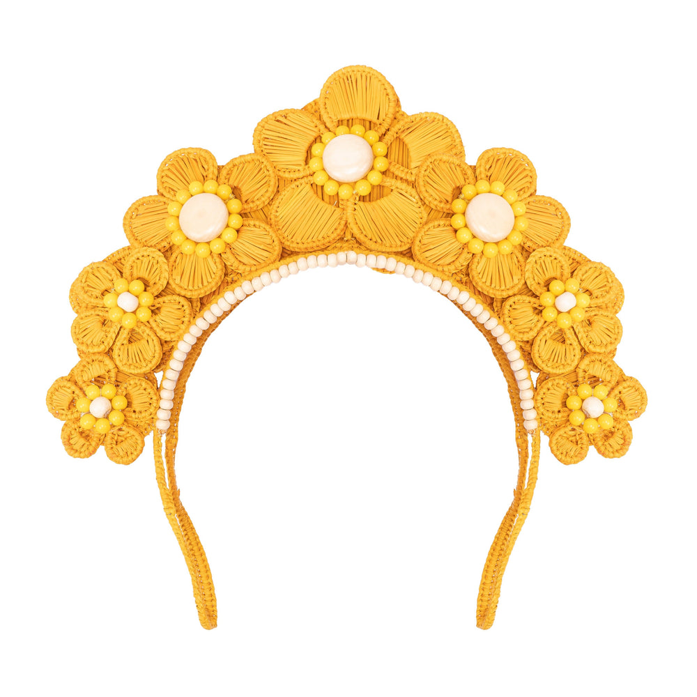 Front view of yellow Flower Iraca Headpiece with handwoven Iraca flowers and wooden and glass beads on white background