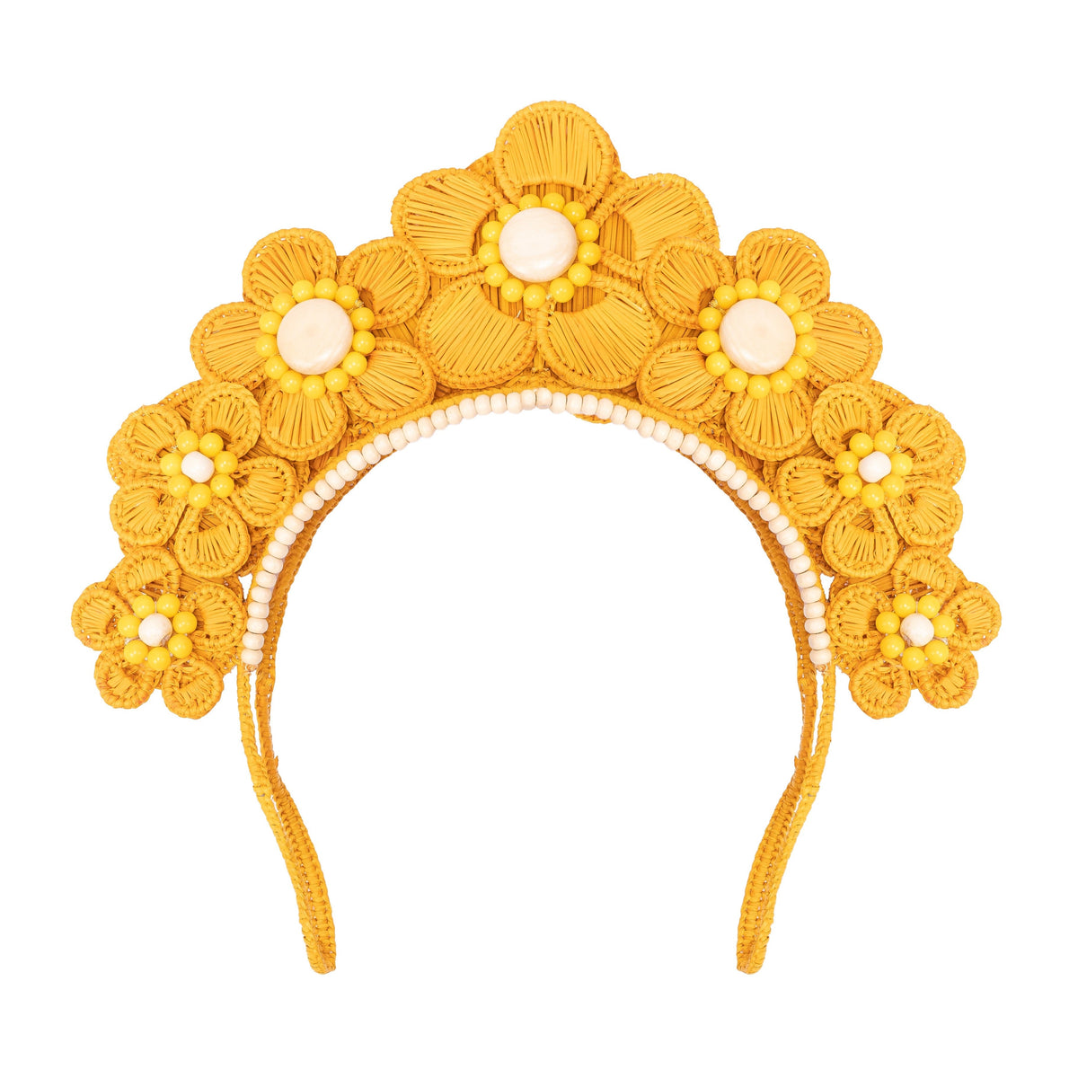 Front view of yellow Flower Iraca Headpiece with handwoven Iraca flowers and wooden and glass beads on white background