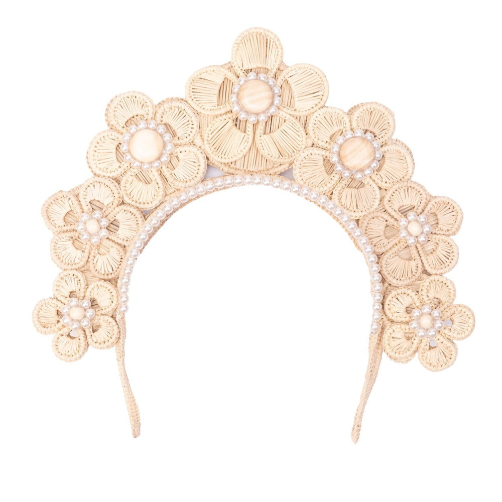 Front view of Flower Iraca Headpiece with Wooden Beads and Faux Pearl showcasing handwoven Iraca flowers