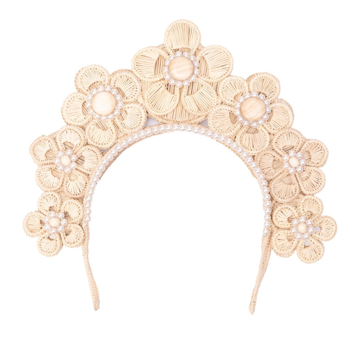 Flower Iraca Headpiece with Wooden Beads & Faux Pearl