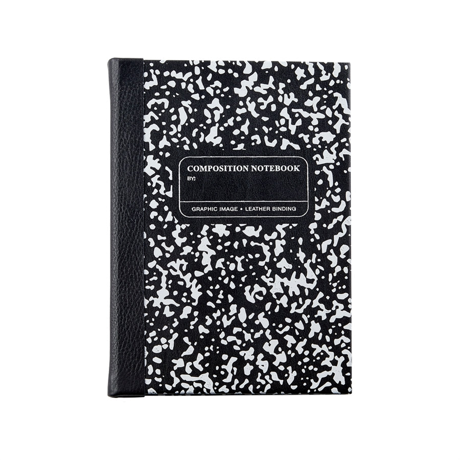 Front view of Composition Notebook with black leather binding and black-and-white mottled cover on white