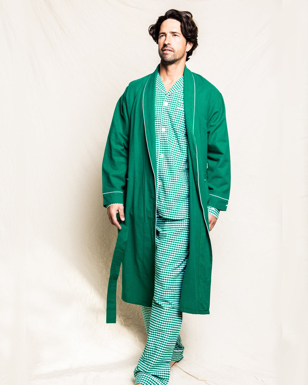 Men’s Forest Green Flannel Robe with White Piping