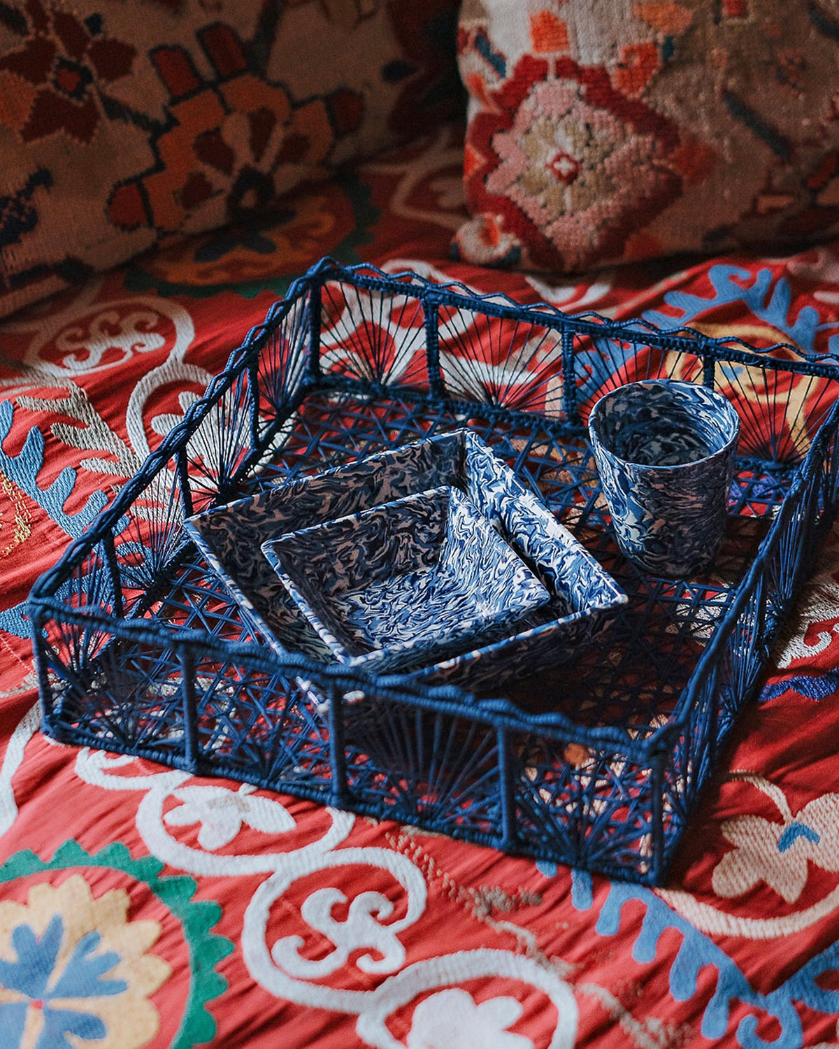 David Hicks Wicker Tray in Blue