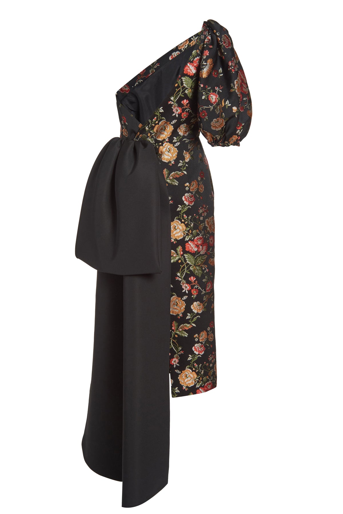 Drusa Black Floral Brocade One Shoulder Dress with Train