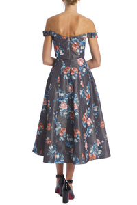 Marjorie Dark Floral Ikat Full Skirt With Godet Panels