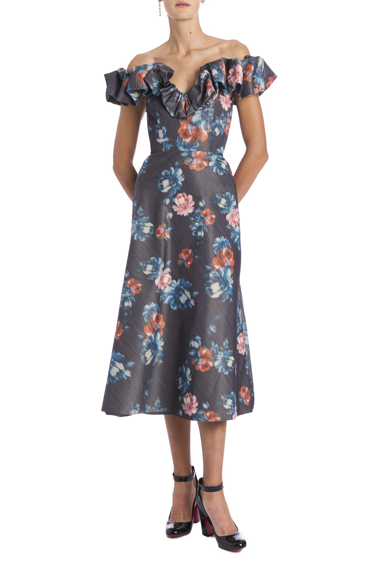 Giada Dark Floral Ikat Off The Shoulder Midi Dress