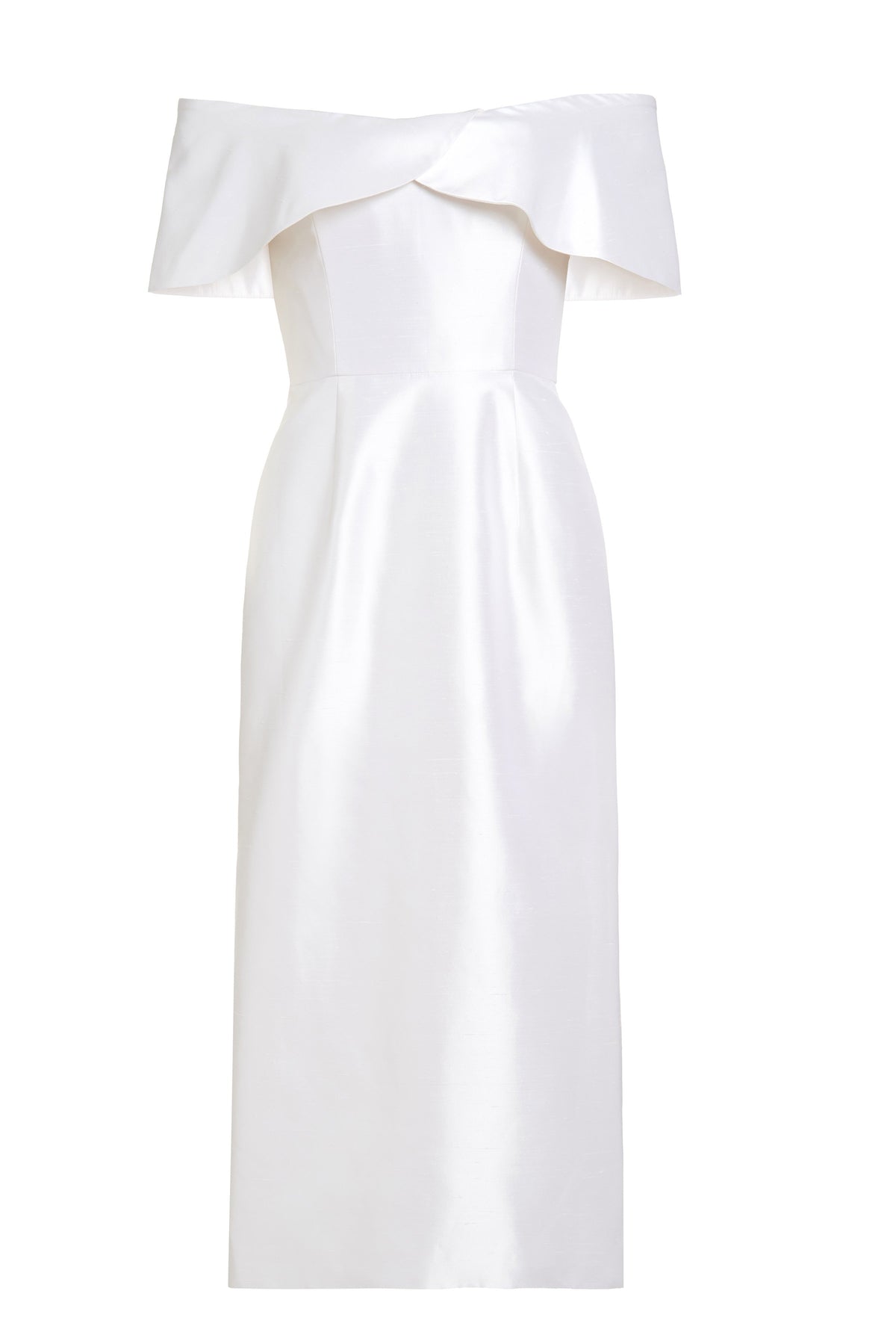 Front view of Eveline Off the Shoulder Scalloped Neckline Dress showcasing white silk fabric with a white background