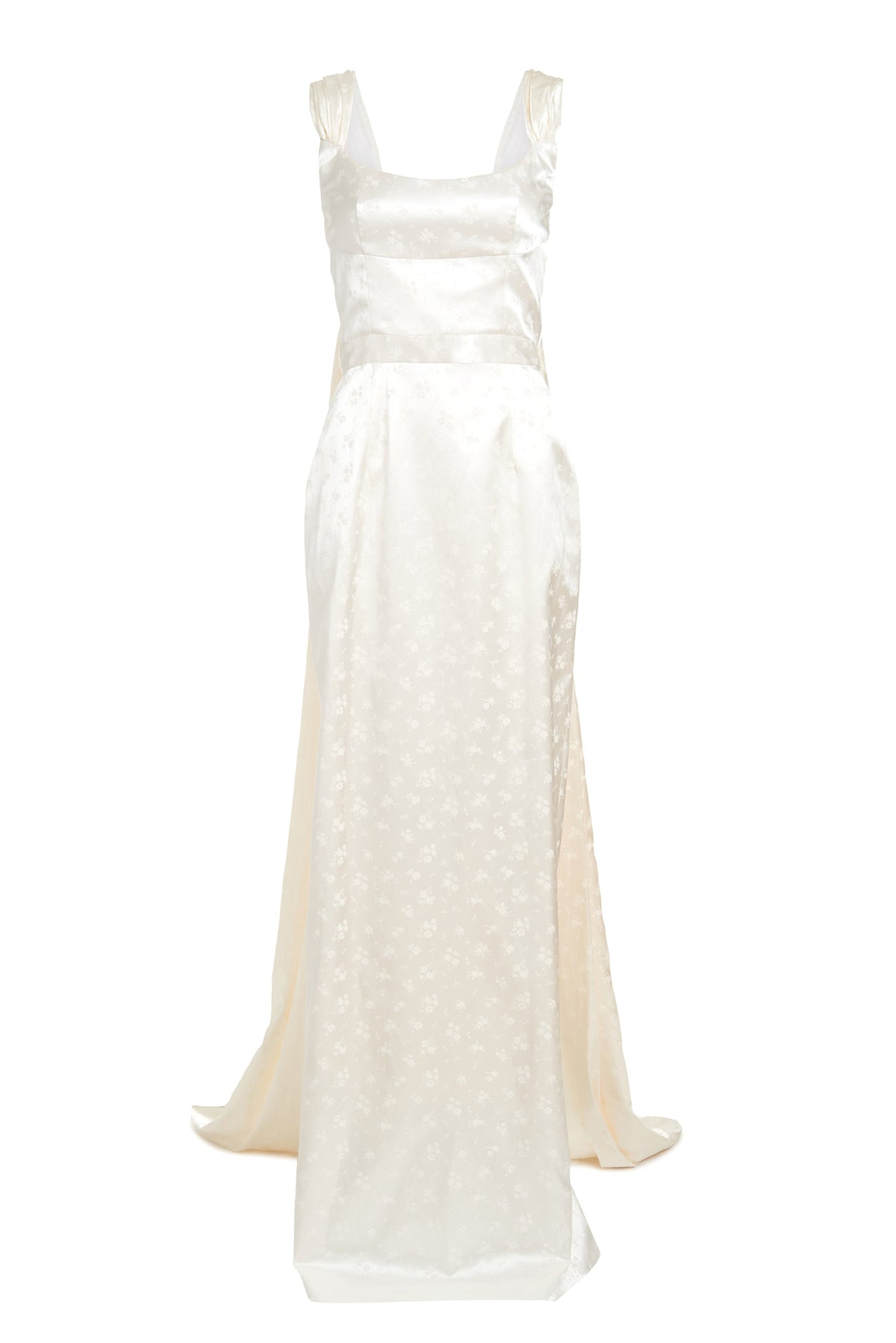 Front view of Ditsy Floral Gown With Shoulder Strap Trains showcasing corset bodice and shoulder trains on white background