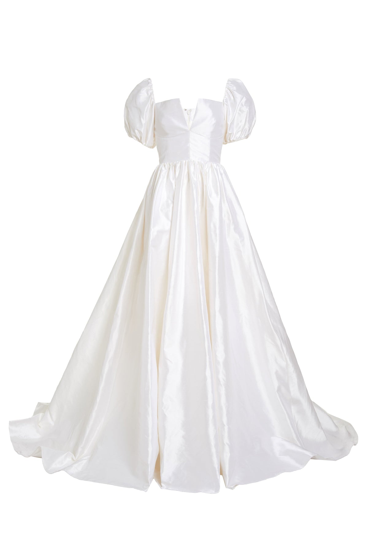 Front view of Yvetta Duchesse Satin Gown with puff sleeves, fitted V-neck bodice, and full floor-length skirt on white background