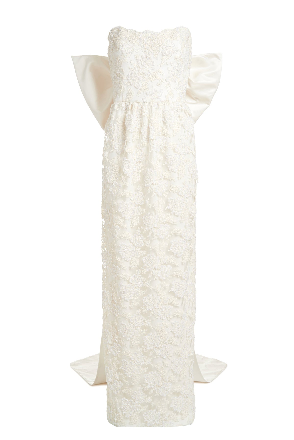 Evora Pearl Beaded Lace Gown with Large Detachable Bow