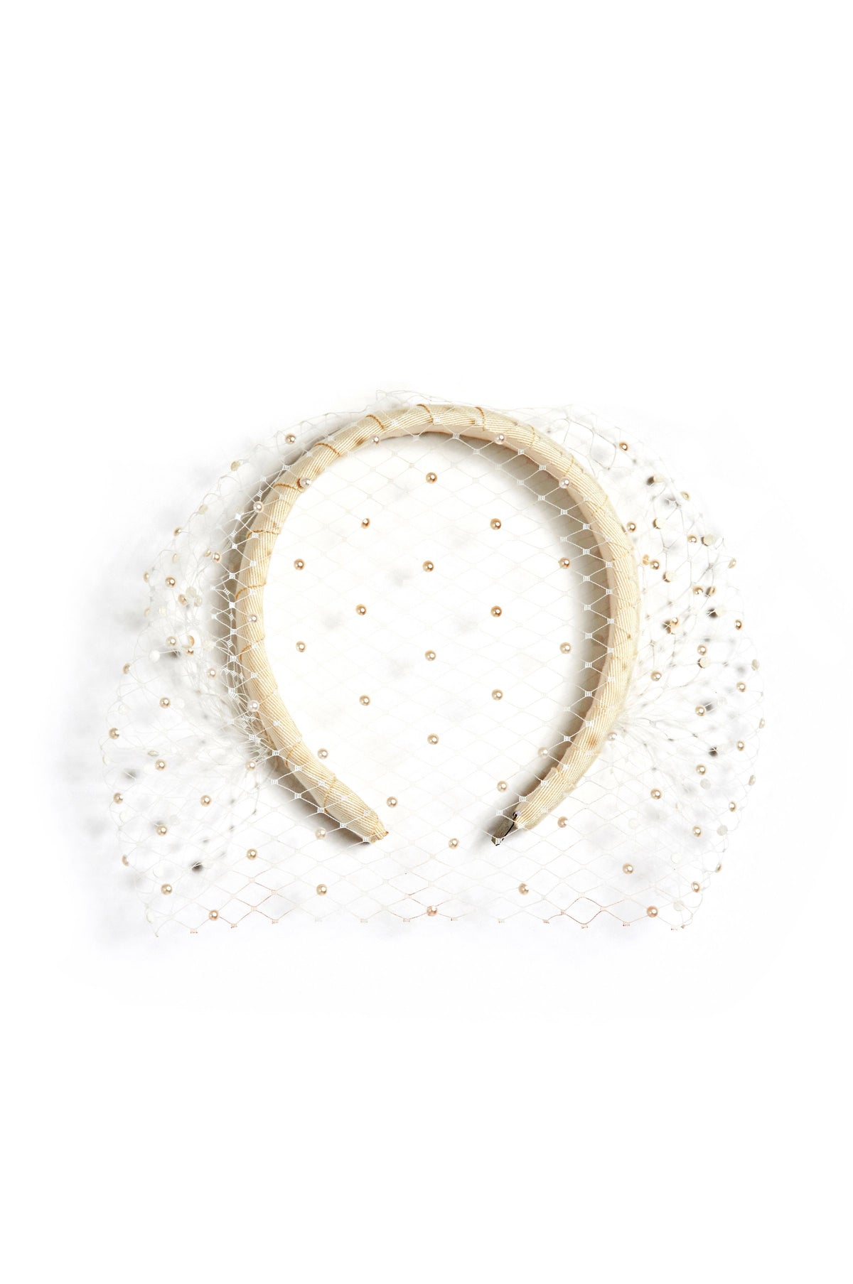 Close-up of Markarian x Gigi Burris Lunella Grosgrain Headband showcasing padded grosgrain and Swarovski pearl French veiling on white background