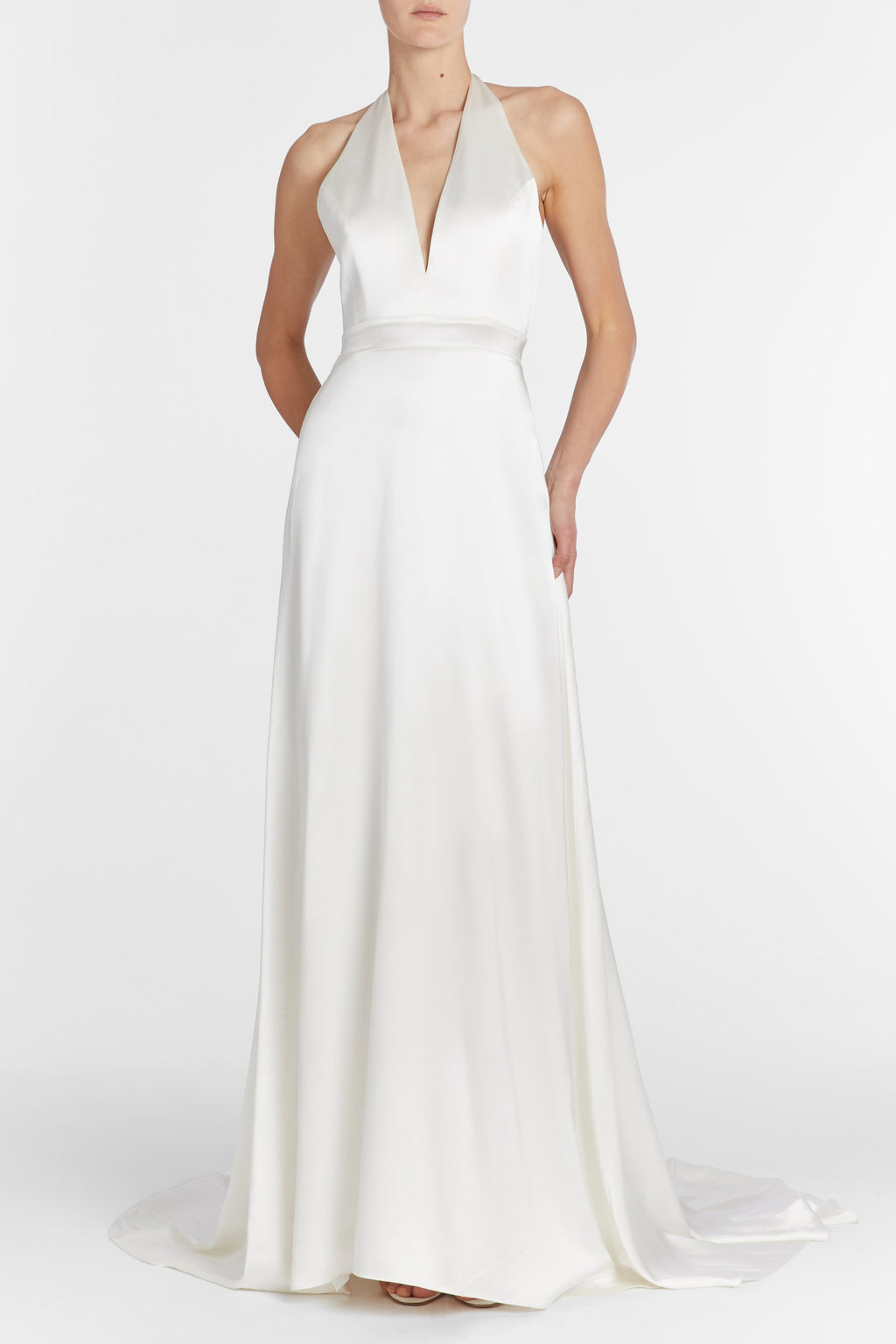 Francoise White Silk V-Neck Halter Gown With Train Francoise White Silk V-Neck Halter Gown With Train