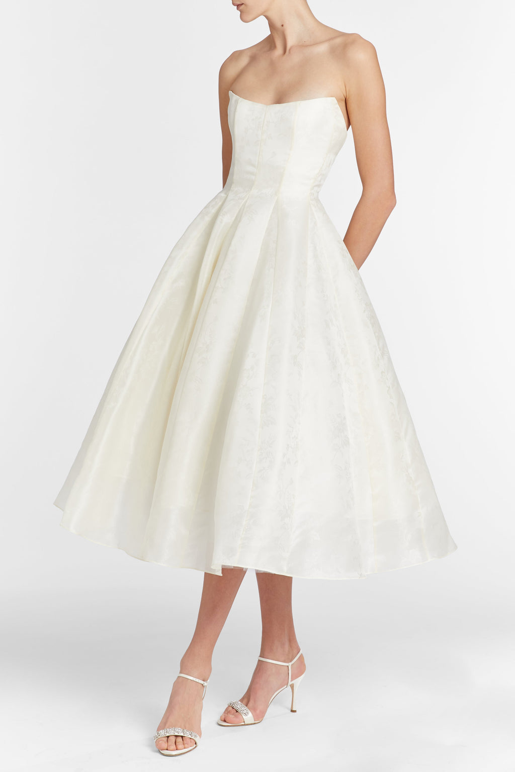white strapless midi dress Fiorela White Floral Jacquard Strapless Midi Dress