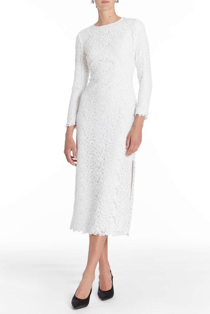 White lace long hotsell sleeve midi dress