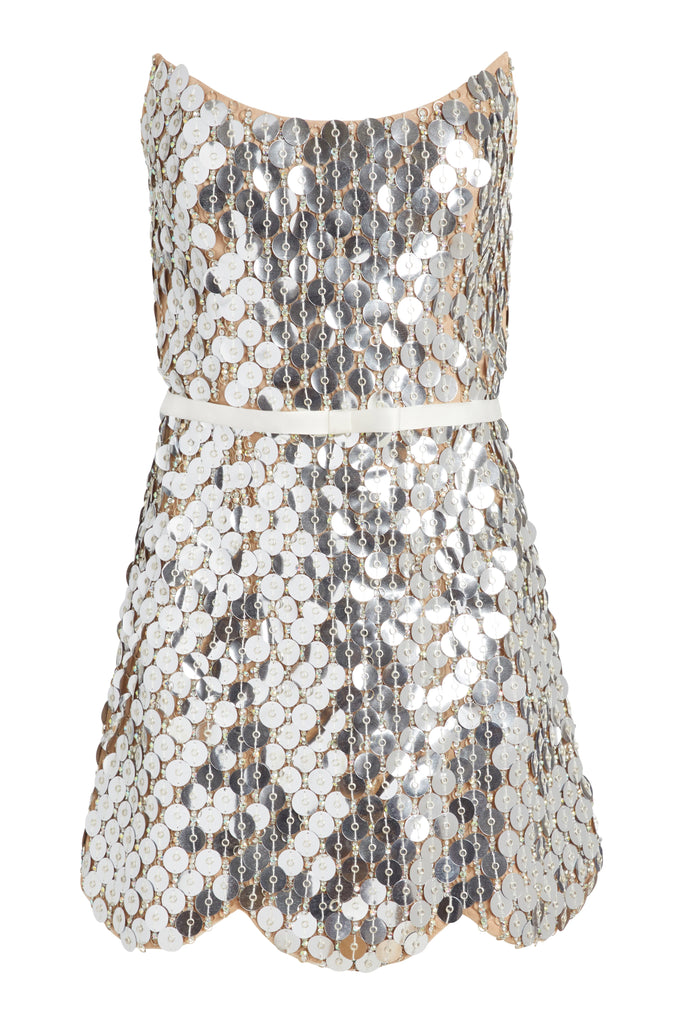 Vivienne Silver Paillette Mini Dress with Scalloped Hem and Detachable Bow Belt 2 Vivienne Silver Paillette Mini Dress with Scalloped Hem and Detachable Bow Belt 2