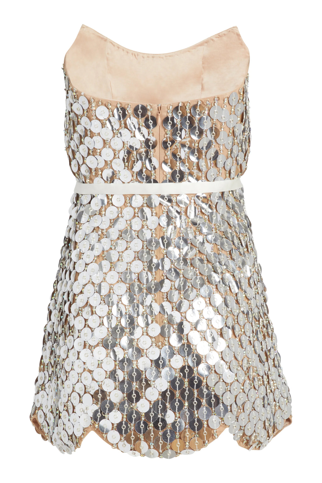 Vivienne Silver Paillette Mini Dress with Scalloped Hem and Detachable Bow Belt 2 Vivienne Silver Paillette Mini Dress with Scalloped Hem and Detachable Bow Belt 2