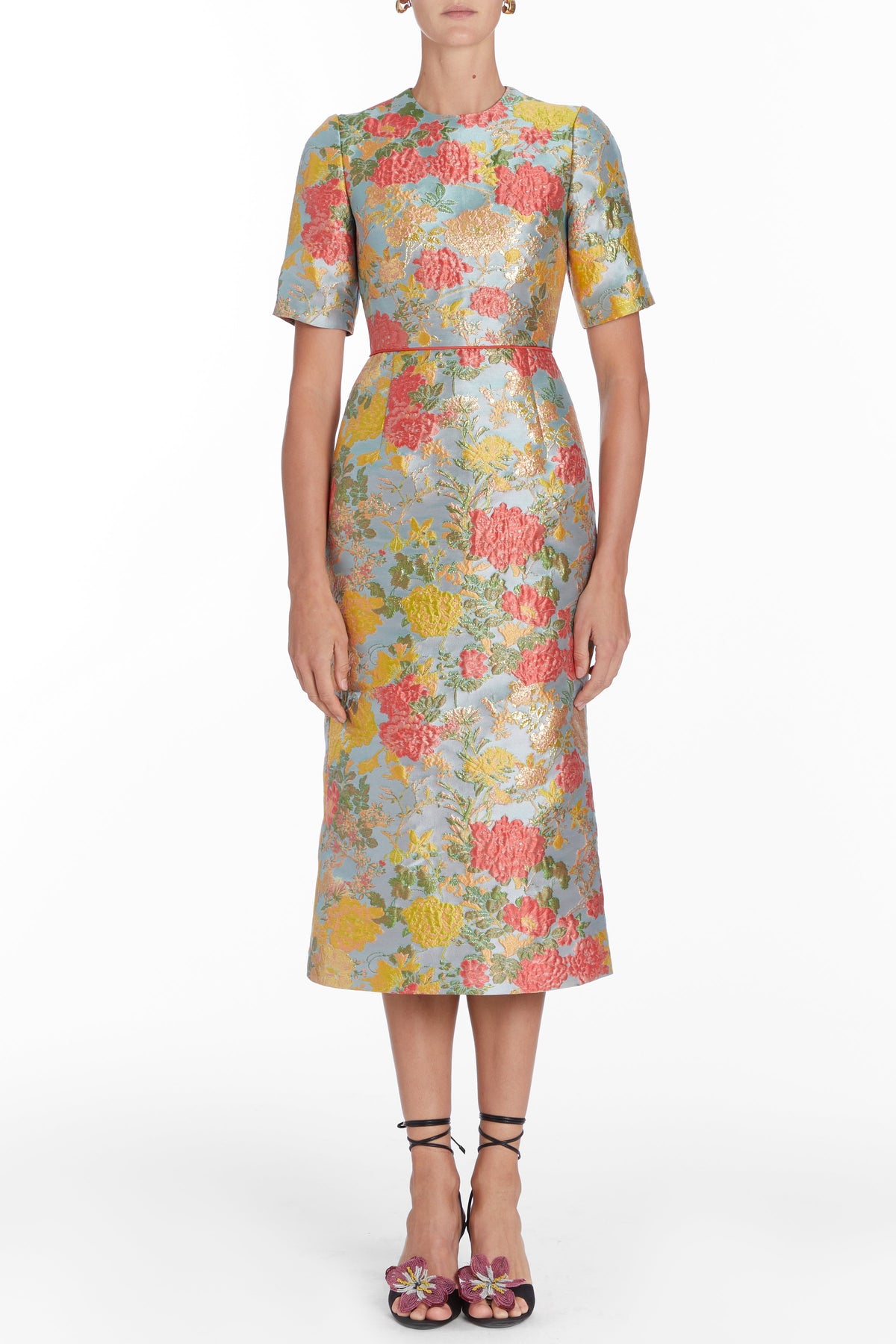 Gladys Floral Jacquard Short Sleeve Midi Dress