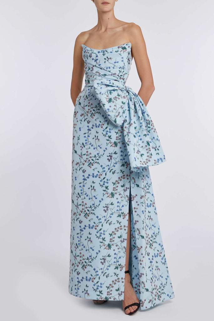 Athena Blue Vine Ikat Strapless Draped Bodice Gown | Over The Moon