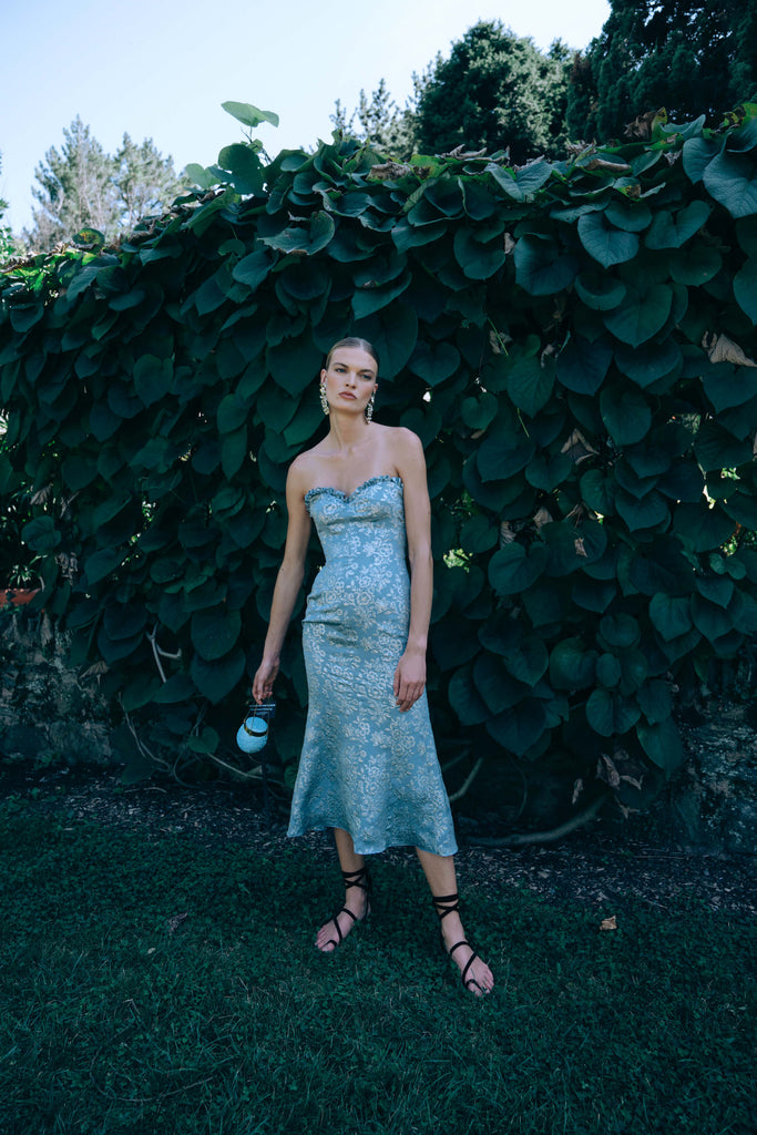 Blue Floral Strapless Dress