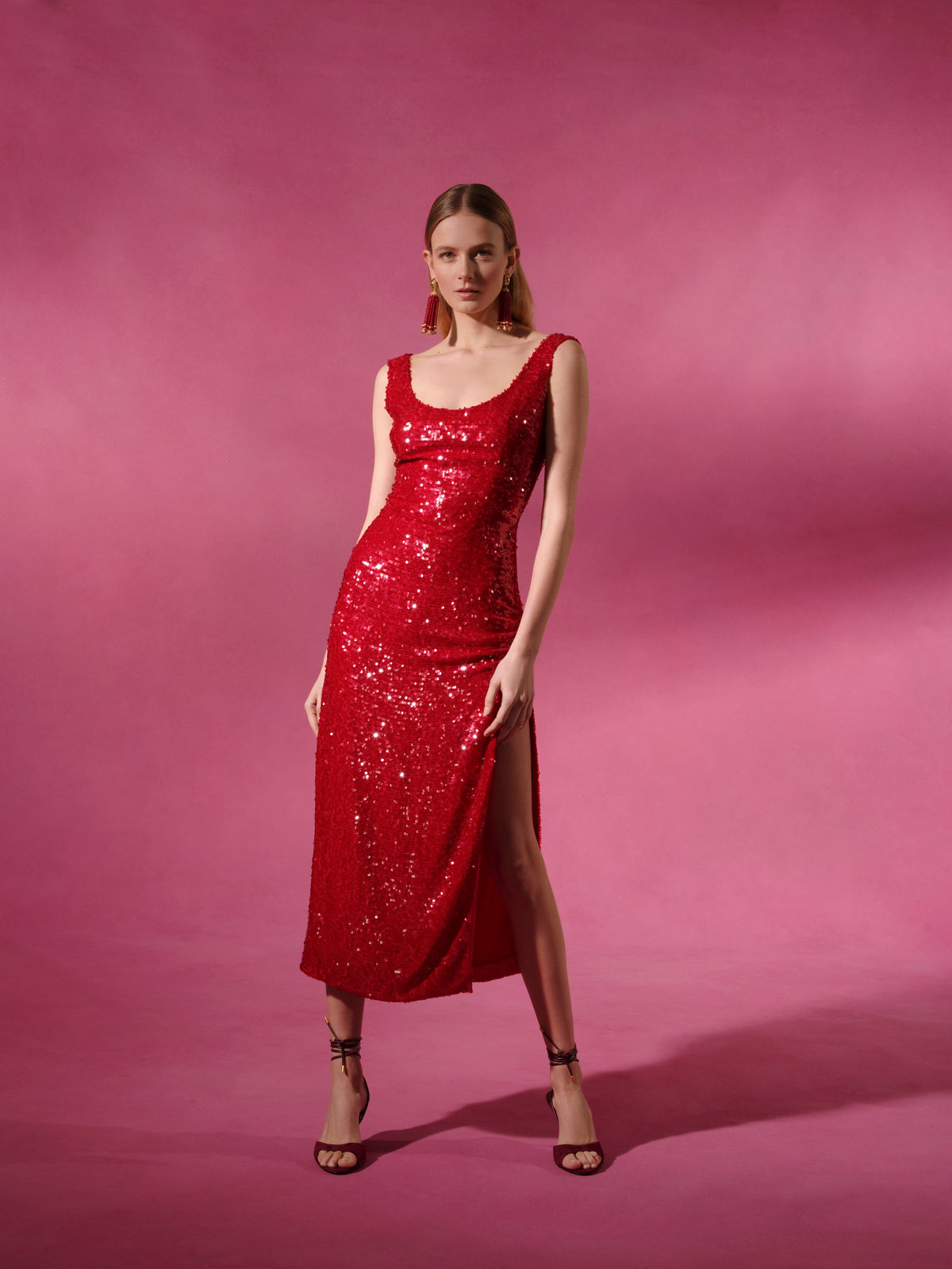 Deanna Red Sequin Dress With Ruched Waist And Front Slit