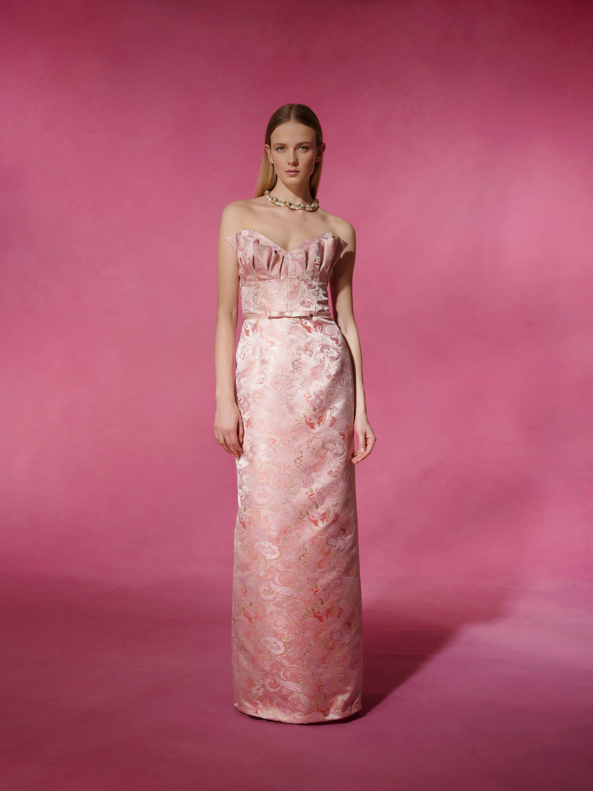 Rita Pink Butterfly Brocade Column Gown