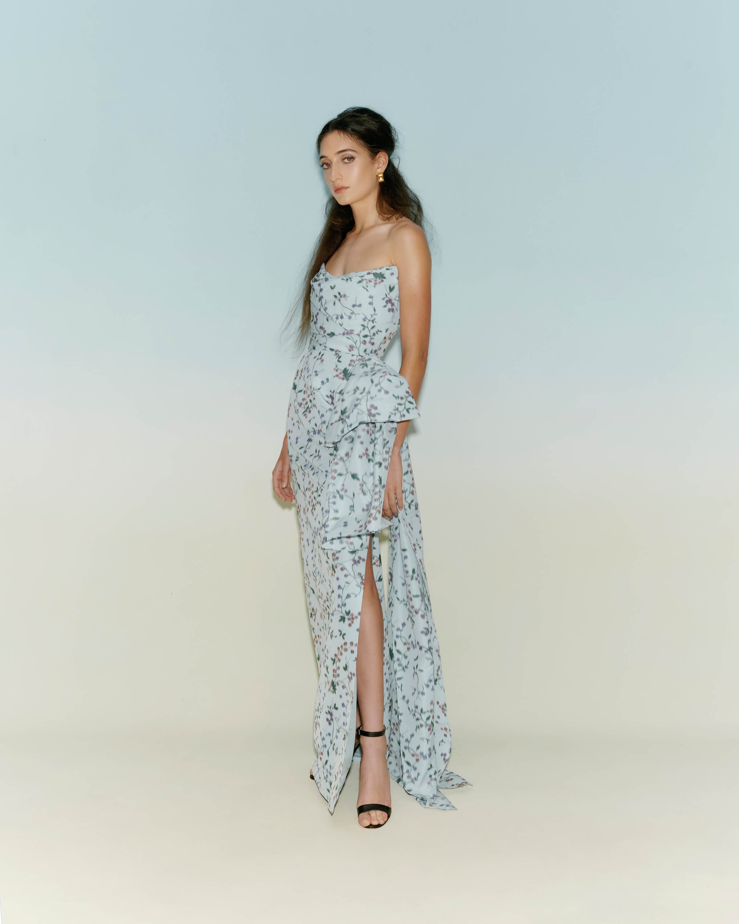Athena Blue Vine Ikat Strapless Draped Bodice Gown