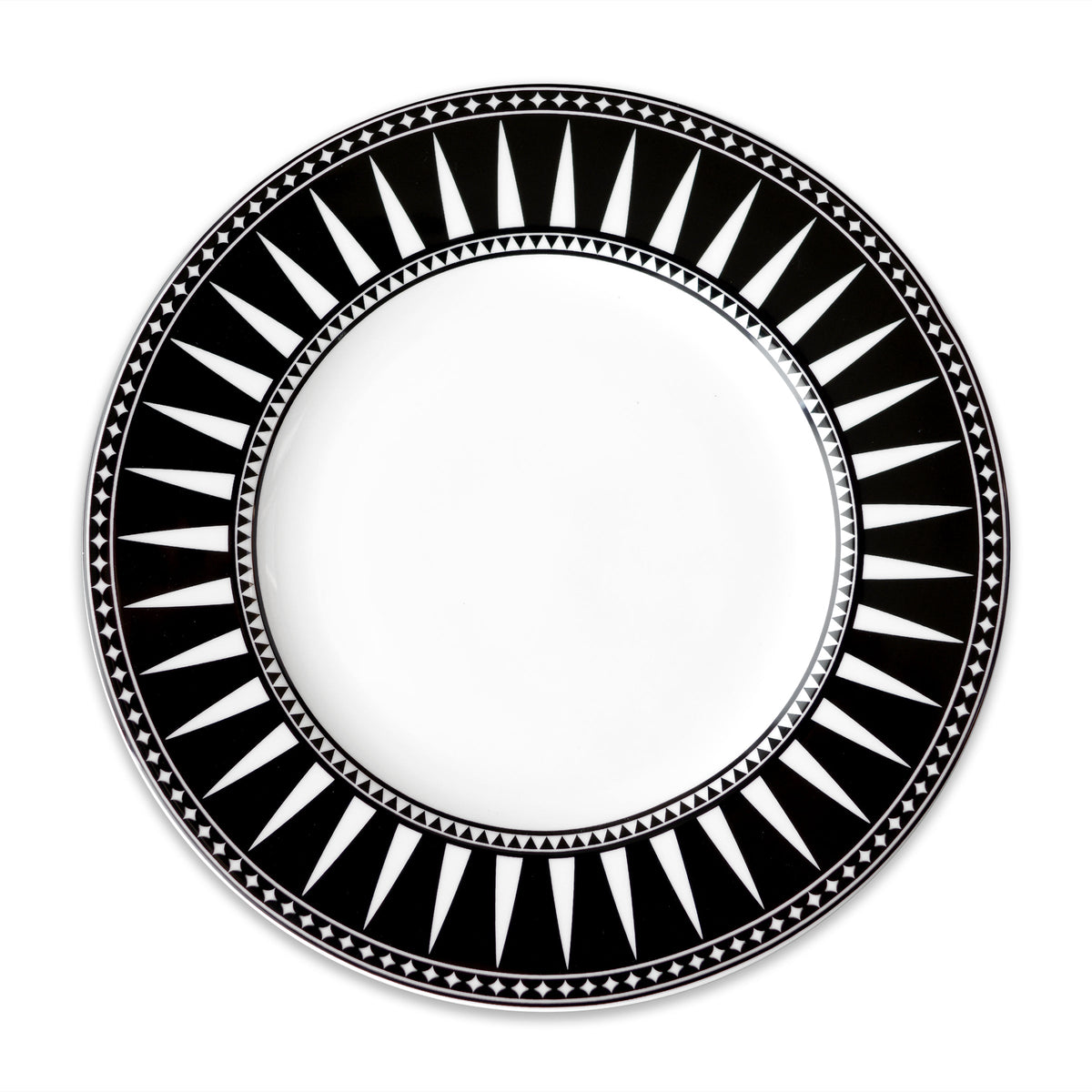 Front view of Marrakech Rimmed Dinner Plate Black showcasing black and white geometric rim pattern with white background