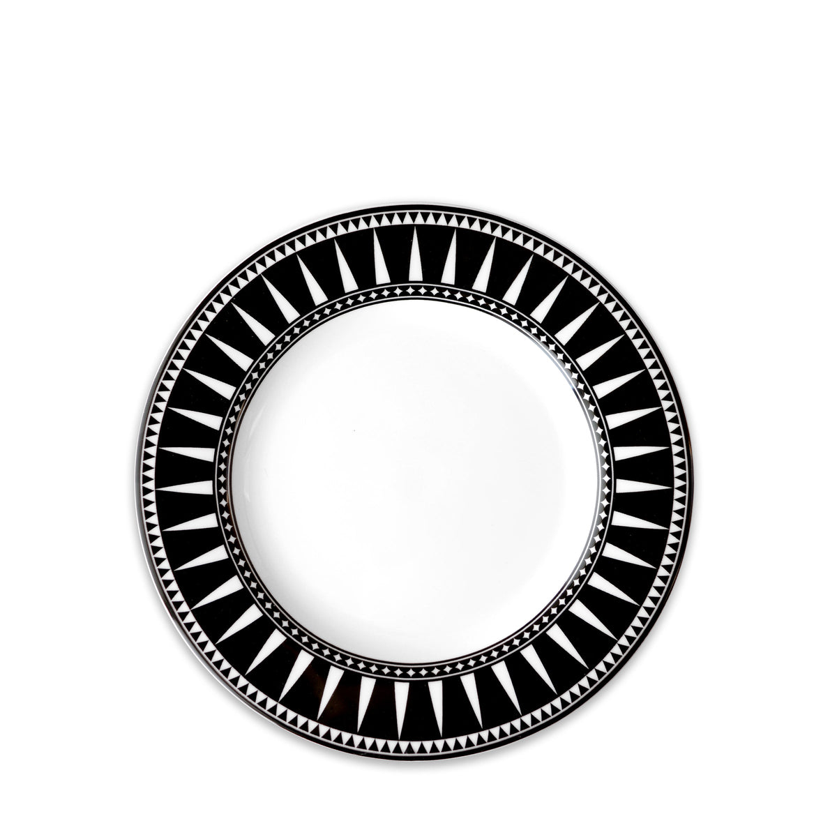 Top view of Marrakech Salad Plate showcasing black and white geometric sunburst border on a white background