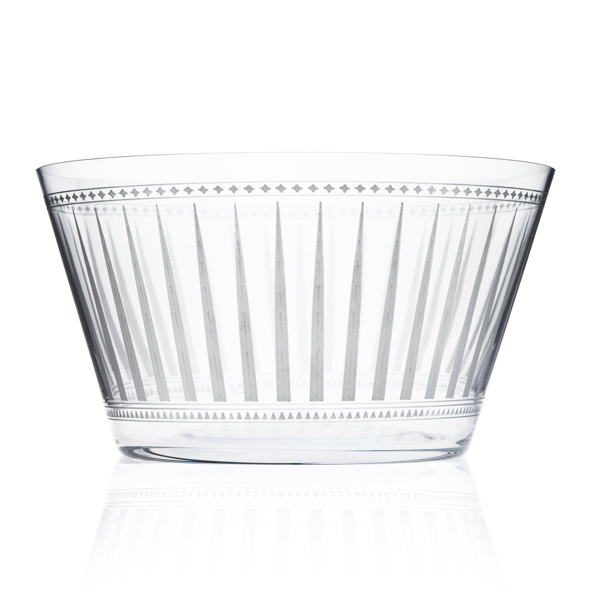 Front view of Marrakech Large Glass Bowl showcasing gray geometric bands with a white background
