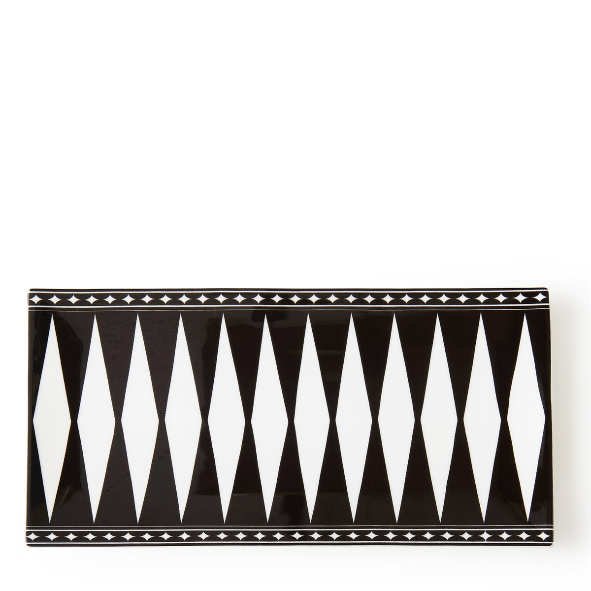 Front view of Marrakech Sushi Tray Large showcasing black and white geometric Art Deco pattern on a white background