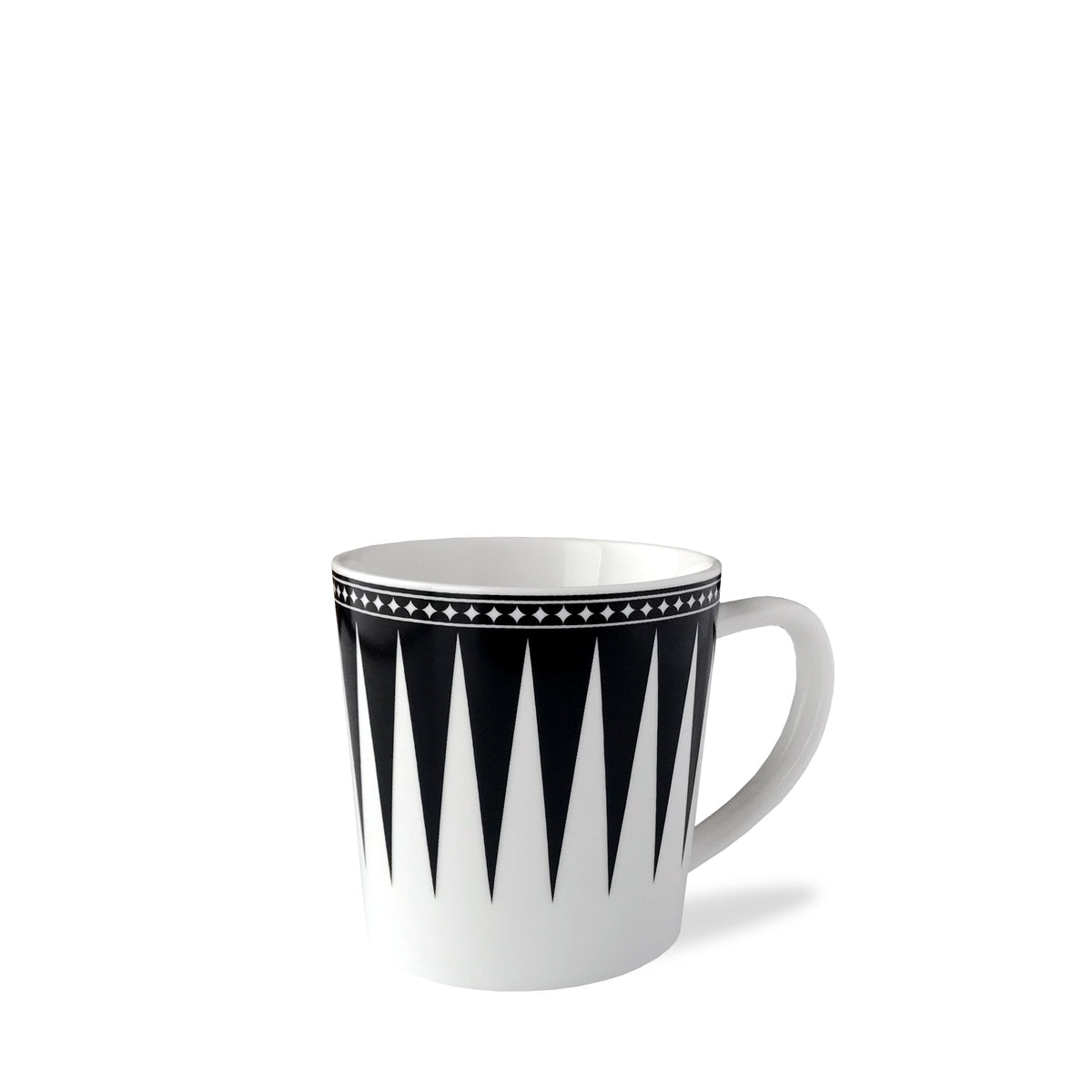 Front three-quarter view of Marrakech Mug in Black showcasing black and white geometric pattern and handle with a white background