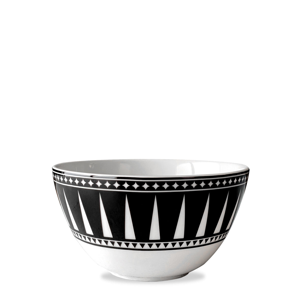 Front view of Marrakech Tall Cereal Bowl showcasing a black and white geometric pattern with a white background