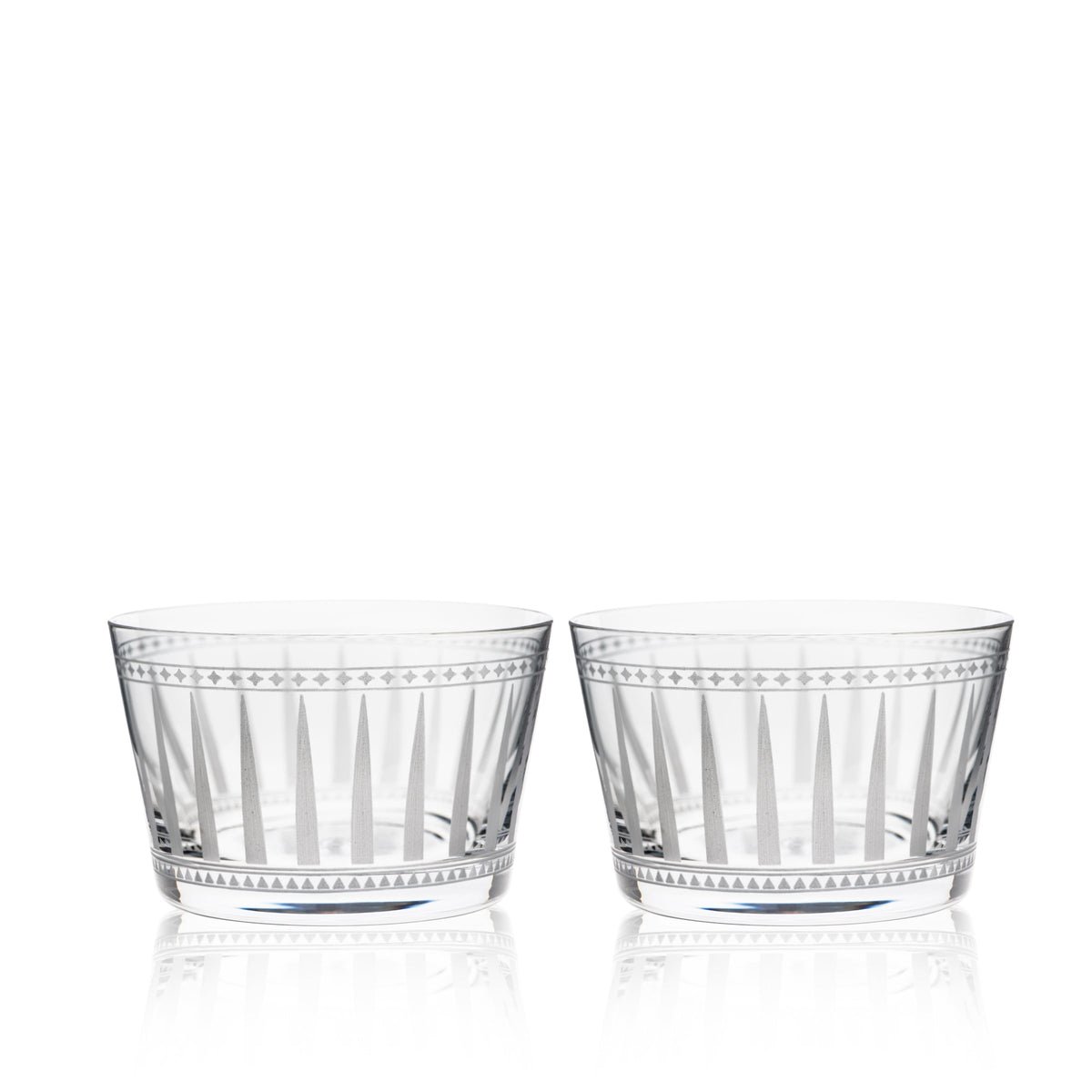 Front view of Marrakech Tidbit Bowls, Set of 2 showcasing clear glass with sand etched geometric patterns on a white background