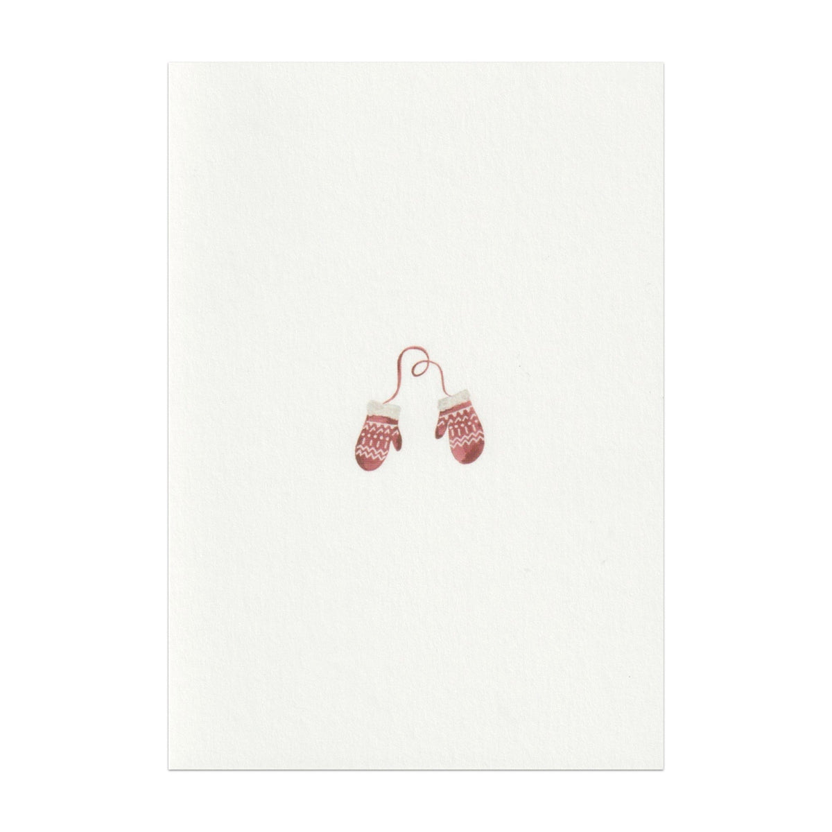 Front view of Mittens Cards In Support of Little Village, Set of 5 showcasing red and white woollen mittens on a white card
