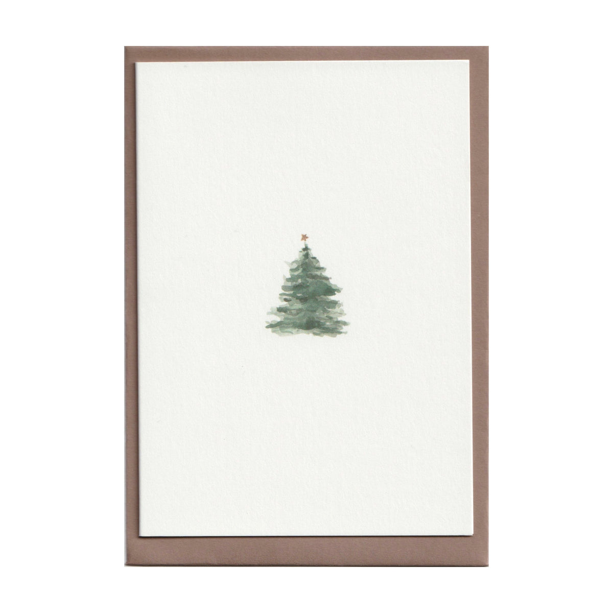 Front view of Christmas Tree Cards, Set of 5 showcasing a watercolor Christmas tree with a star and brown nubuck envelope
