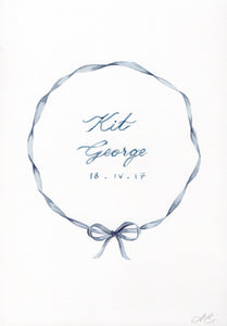 memo press art print of a ribbon wreath and personalised with a baby name and date of birth, the perfect present 