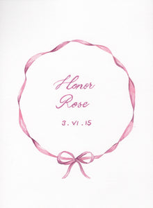 memo press art print of a ribbon wreath and personalised with a baby name and date of birth, the perfect present 