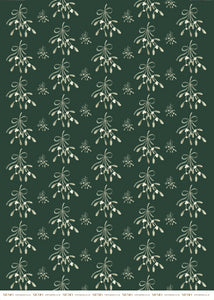 Luxury Wrapping Paper for Christmas with watercolour illustrations of mistletoes tied with a velvet ribbon on green paper by Memo Press