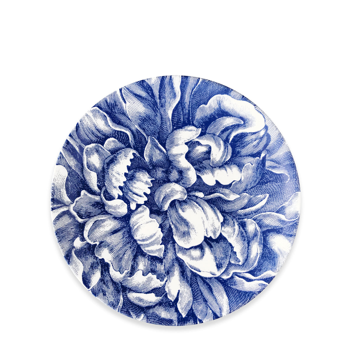 Front view of Peony Full Bloom Coupe Salad Plate showcasing blue and white peony floral pattern with a white background