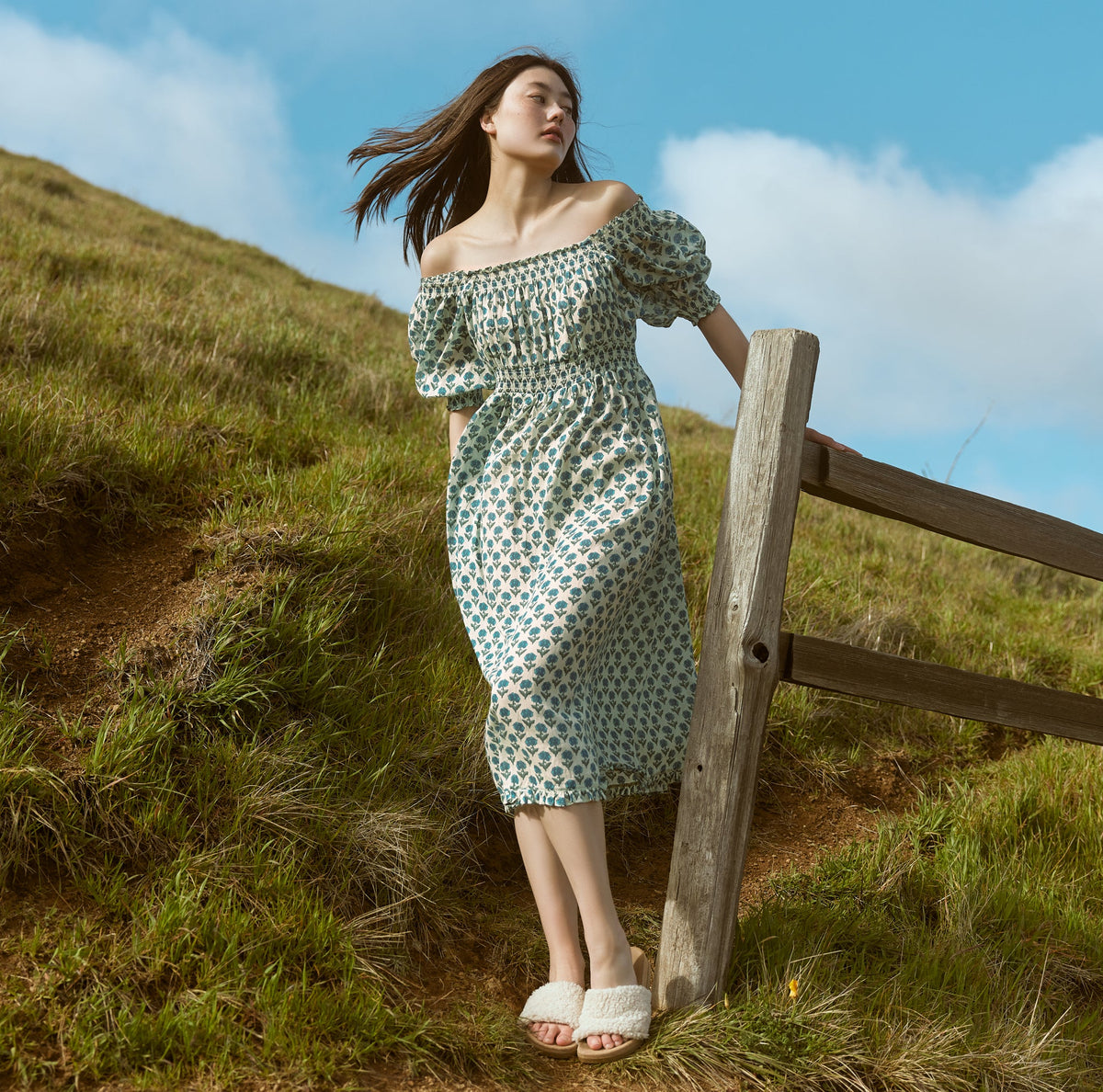 Rosie Puff Sleeve Midi Nightgown in Ivory Blue Bell Floral