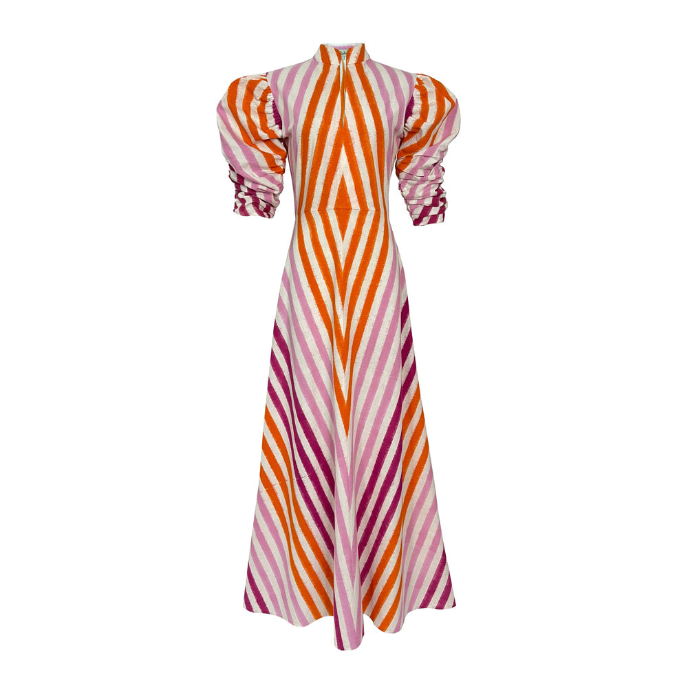 Front view of Multicolor Illusion Dress with white, orange, rose, and fuchsia stripes, band collar, and gathered sleeves