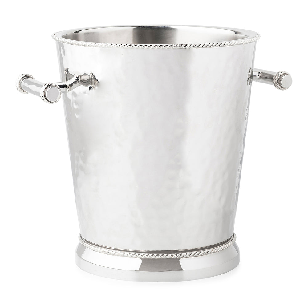 Front view of Graham wine cooler showcasing hammered stainless steel finish, two side handles, and rope trim on white background
