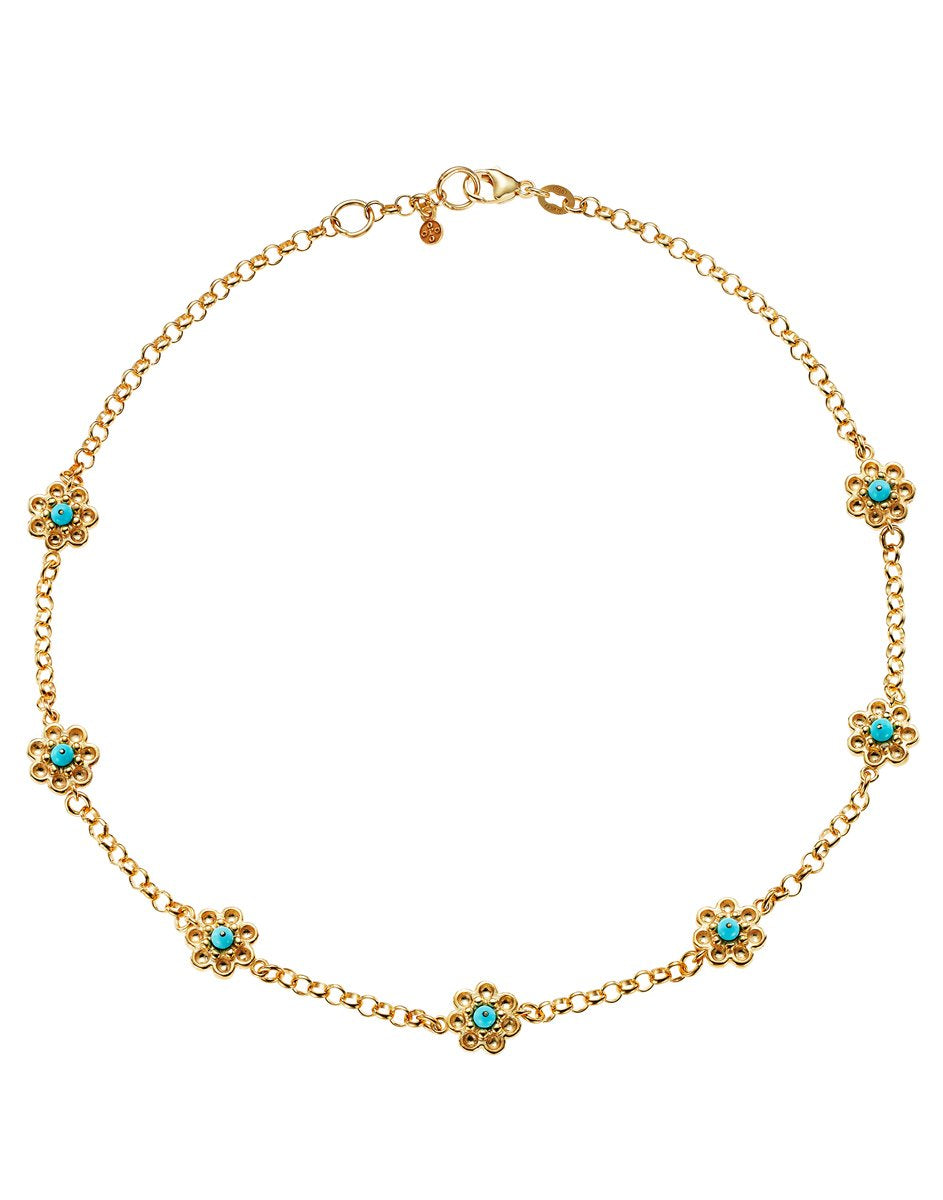 Top-down view of Daisy Chain Necklace showcasing gold daisy charms with turquoise centers on white background