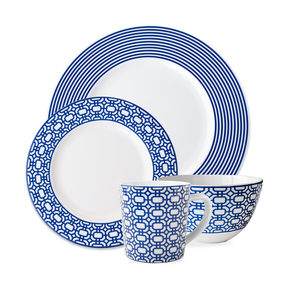 Front view of Newport Place Setting, Set of 4 showcasing blue geometric patterns on creamy white porcelain with a white background