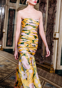 Strapless Gathered Bodice Midi Dress in Yellow Floral