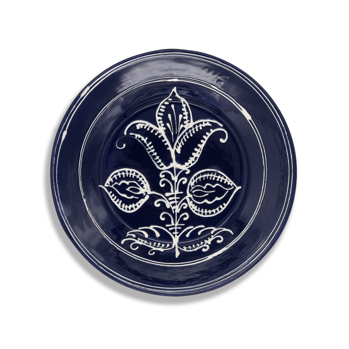 Front view of Cobalt Tulip Dessert Plate showcasing a hand-painted floral pattern with a white background