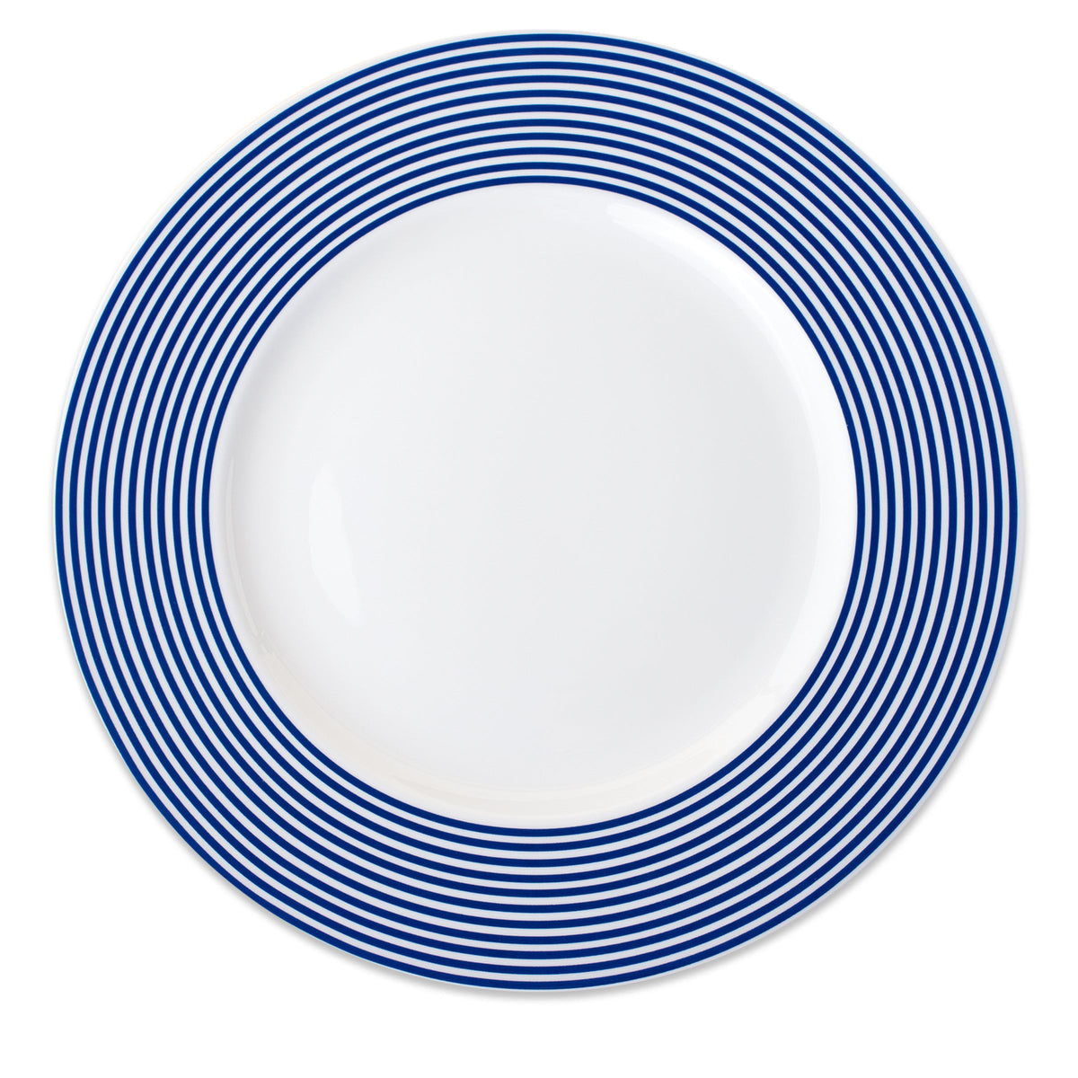 Top view of Newport Blue Charger Plate showcasing concentric blue stripes on white porcelain against a white background