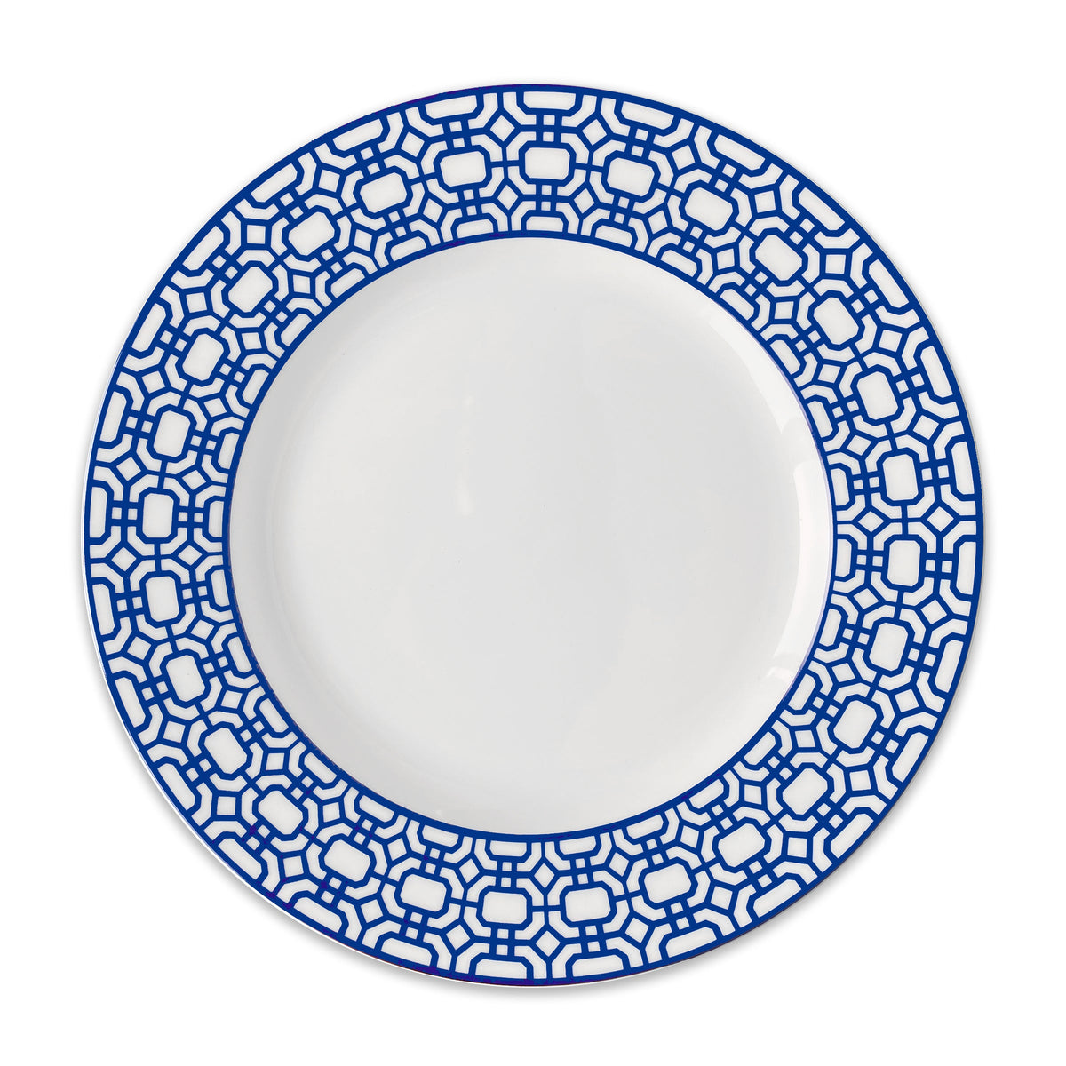 Front view of Newport Garden Gate Rimmed Dinner Plate Blue showcasing blue geometric rim pattern on a white background
